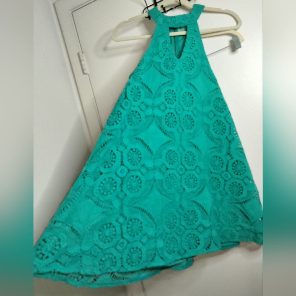 Judith March (Size S) Turquoise Crochet Halter Neck Trapeze Dress